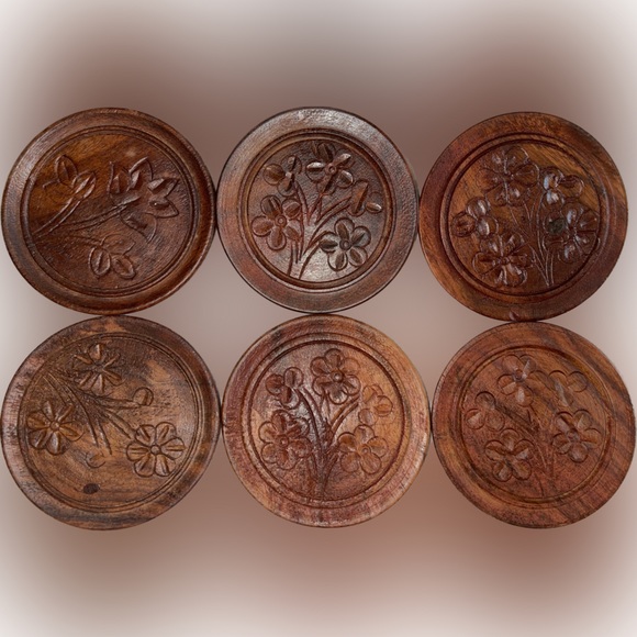 Antique Handmade Wooden Coaster Set Beautiful India Made Hand Carved Designs - Picture 9 of 12